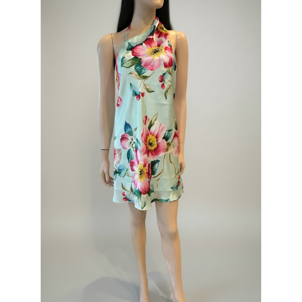 Lavender Brown Amaia Floral Halter Mini Dress - Mint and Pink